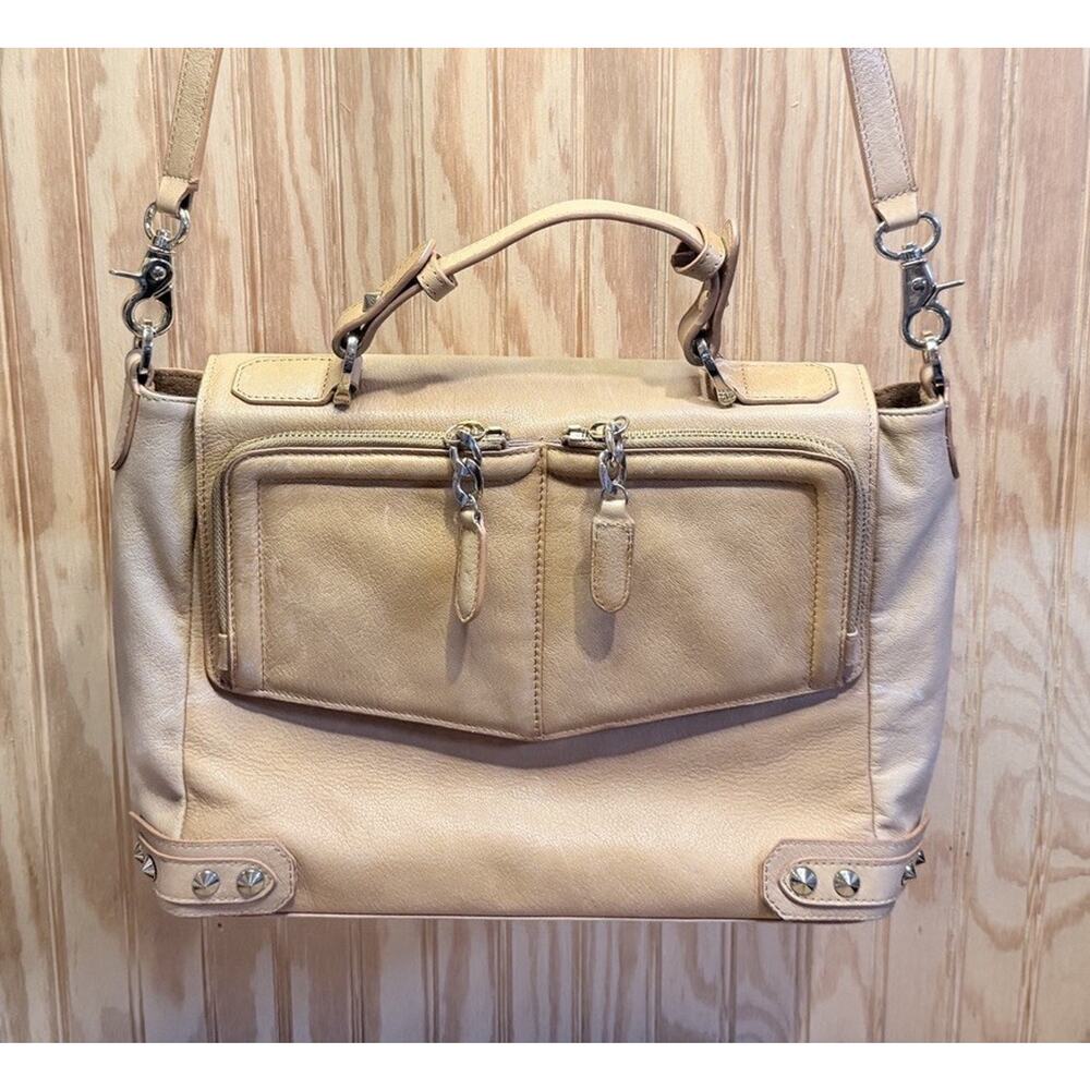 Be&D Taupe Leather Satchel - Dual Exterior Pockets - Studded Corners